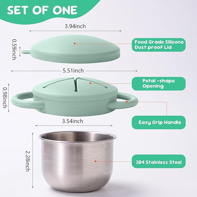 Bufilea 1 Pack Snack Containers for Toddlers, Stainless Steel Toddler Snack Cups with Silicone Food Catcher & Lids,Snack Cups for toddlers Spill Proof