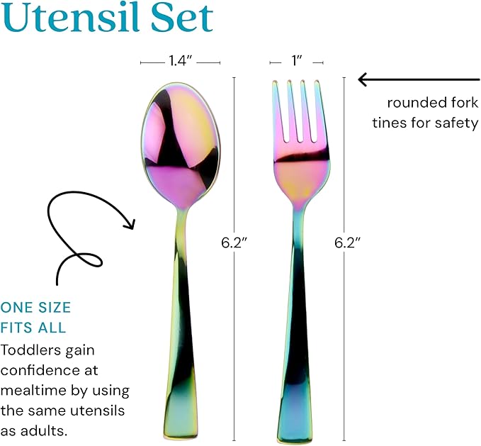 Ahimsa Kids Stainless Steel Utensils, 8 Piece Kid Forks and Spoons Set, Pediatrician Designed Rainbow Silverware, 100% BPA Free & Dishwasher Safe (Rainbow)