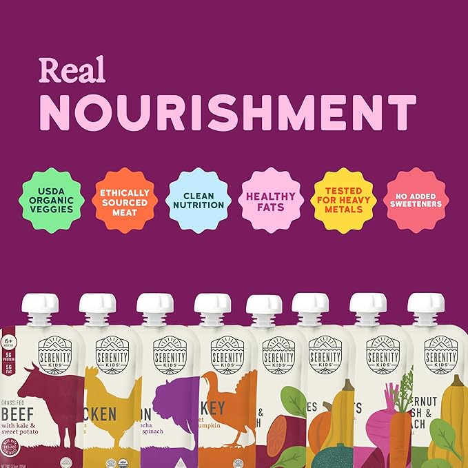 Serenity Kids 6+ Months Baby Food Puree Pouch - 5g Protein-Packed Toddler Snacks - Organic Meat & Veggie Food Pouches - Recyclable Containers for Toddler Meals - 3.5 Oz, Pack of 18