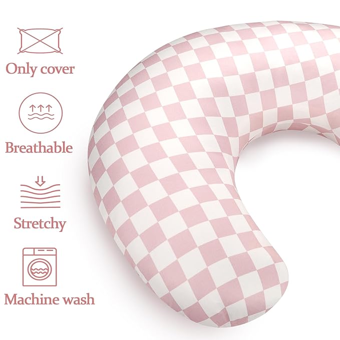 Nursing Pillow Cover, Removable Nursing Covers for Breastfeeding Pillows, Stretchy and Soft Fit for Baby Girls Boys Newborn, Pink Checkerboard (Only Cover)