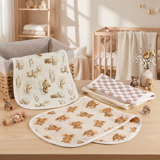 Hahafelt 4 Pcs Bear Baby Burp Cloths 100% Cotton Absorbent & Soft Burping Cloth Newborn Towel 2-in-1 Large Size Baby Spit up Burping Rags Set for Boys and Girls Infant Newborn