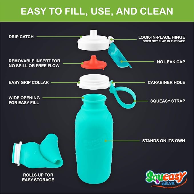 Squeasy Snacker Aqua 16 oz Spill Proof Silicone Reusable Food Pouch - For Both Soft Foods and Liquids - Water, Apple Sauce, Yogurt, Smoothies, Baby Food - Dishwasher Safe