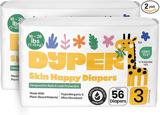 DYPER - Pack of 2 Baby Diapers Size 3 (56 Count) - Leak Proof, Plant Based, Hypoallergenic & Ultra Absorbent Disposable Diaper for Day & Overnight, Skin-Friendly Comfort Size 3 Diapers (16-28 lbs)