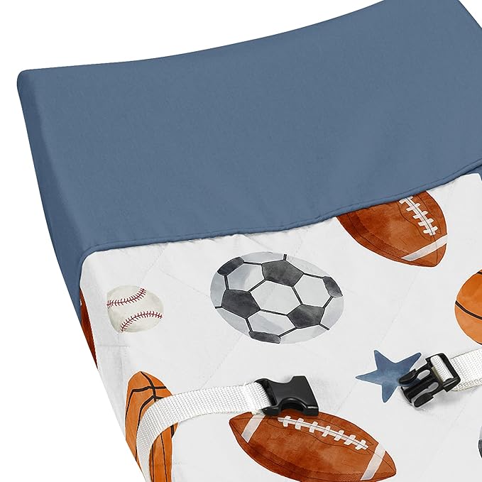 Sweet Jojo Designs Sports Theme Boy Baby Changing Pad Cover – Infant Newborn Diaper Table Change Mat Sheet - Watercolor Vintage Sport Themed Soccer Balls Football Baseball Basketball Blue Stars