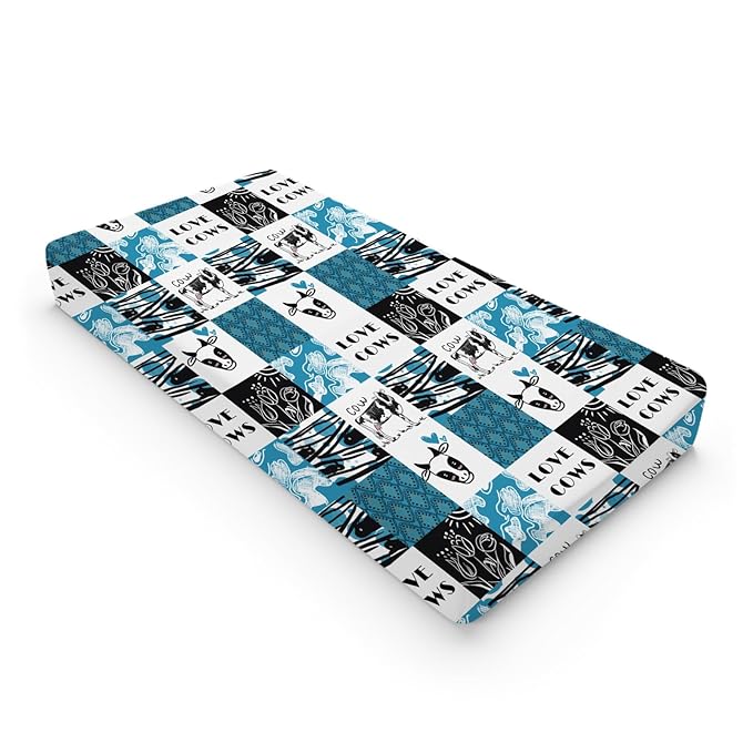 Love Cows Changing Pad Cover Hippie Funny Cows Boho Floral Change Table Pad Cover for Boys Girls Soft Breathable Stretchy Snug Fitted Unisex Diaper Change Table Sheets Mats 32''x16'' Blue
