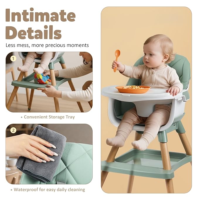 TODEFULL 8 in 1 Wooden High Chairs for Babies Toddlers, Convertible to Booster Seat, Baby Feeding Highchair w/ 5-Point Safety Harness, Removable Tray & Cushion, Green