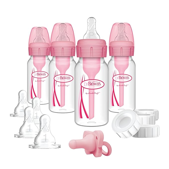 Dr. Brown's Anti-Colic 4 Piece Pink Feeding Set with Slow Flow Nipples & Dr. Brown's 4 Pack Anti-Colic 4 oz Narrow Baby Bottles