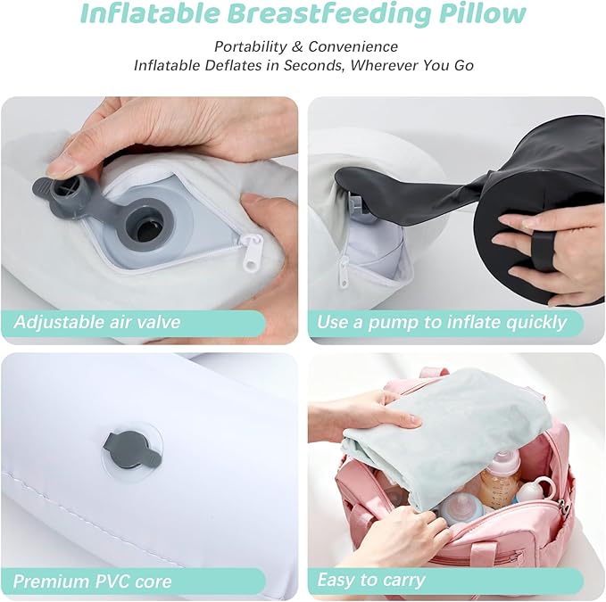 KAKIBLIN Nursing Pillow, Inflatable Breastfeeding Pillows, Hands-Free Feeding Pillow for Back Pain Relief with Waist Strap, Travel Nursing Travel, Breastfeeding & Bottle Support for Baby Girl and Boy