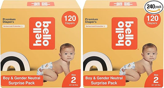 Hello Bello Diapers, Size 2 (10-16 lbs) Surprise Pack for Boys - 120 Count of Premium Disposable Baby Diapers, Hypoallergenic with Soft, Cloth-Like Feel - Assorted Boy & Gender Neutral Patterns 160002