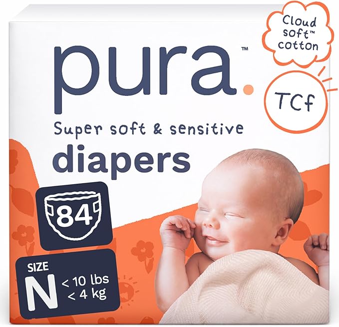 Pura Newborn Baby Diapers Size N (Up to 10 lbs), 3 Pack (84 Hypoallergenic Diapers) Totally Chlorine Free (TCF), Disposable Diapers for Sensitive Skin, Blowout Protection & Wetness Indicator