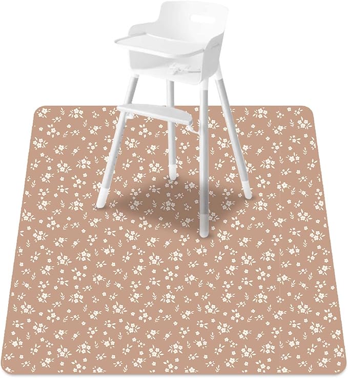 Baby Splat Mat for Under High Chair, 51 x 51 Inch Wipeable Splash Mat，Floor Protector，Wipe-Clean Tablecloth and Playing Mat (Flower)