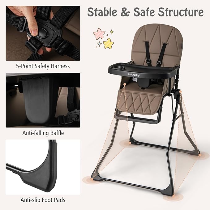 BABY JOY Foldable High Chair, Portable Highchairs for Babies and Toddlers with 3-Position Adjustable Tray & Footrest, Removable Seat Cushion, 5-Point Safety Harness, Space Saving Design (Coffee)