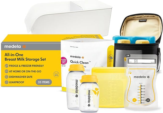 Medela All-in-One Breast Milk Storage Set with 150 ml & 250 ml Bottles, Easy Pour & Reusable Bags, Quick Clean Microwave Bag, Organizer Tray and Cooler with Contoured Ice Pack