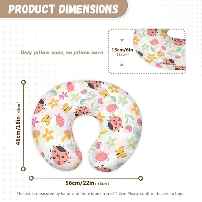Forchrinse Pink Ladybug Floral Nursing Pillow Cover for Baby Girls Soft Ladybug Breastfeeding Pillow Cover Washable Infant Feeding Cushion Cover, Medium