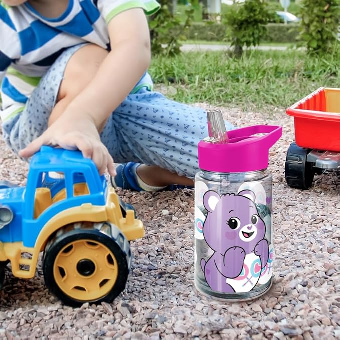 LOGOVISION Care Bears Kids Tritan Plastic Water Bottle with Straw Lid and Handle, Reusable Tumbler for Toddlers, Unisex for Girls and Boys, 12oz, Share Bear Belly Pattern