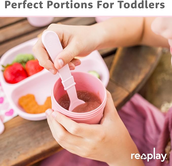 Re-Play Snack Stack Toddler Containers, 2 Sets - Stackable Cups with Travel Lid & Strap for On-the-Go, BPA-Free, Made in USA, Ice Pink/Ice Blue