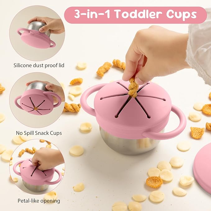 Bufilea 2 Pack Snack Containers for Toddlers, Stainless Steel Toddler Snack Cups with Silicone Food Catcher & Lids,Snack Cups for toddlers Spill Proof