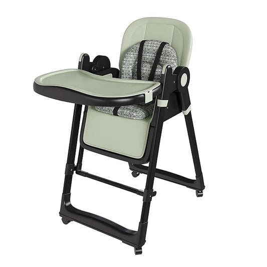 Baby High Chair Convertible to Rocker with 5-Point Harness Belt, Foldable Infant Feeding Seat with Silent Locking Wheels & Removable 2-Tier Easy-Clean Tray for 6 Months - 4 Years (Green)