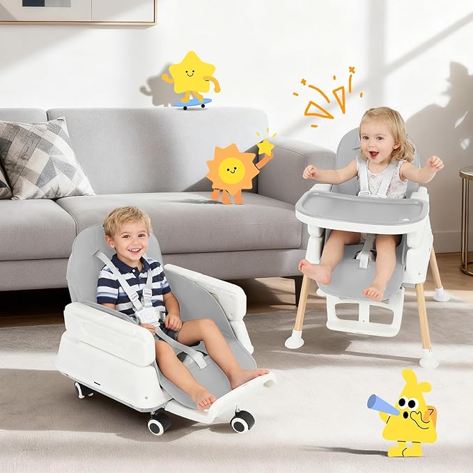 5-in-1 Baby High Chair, Convertible Booster & Play Chair, Portable Foldable Lightweight, Easy to Clean with Tray, for Babies Toddlers 6-36 Months, Gray