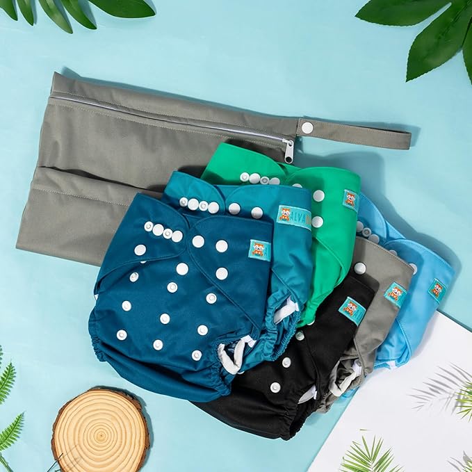 ALVABABY 6pcs Cloth Diaper Covers & 1 Wet Dry Bag, Washable Reusable Diaper Shell for Prefold with Multi-Functional Bag
