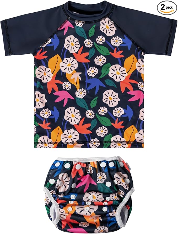 ALVABABY Baby Girl Swimsuit, 2-Piece Infant Toddler Bathing Short Sleeve Swimwear, Large Baby Reusable Swim Diaper with Matching Top