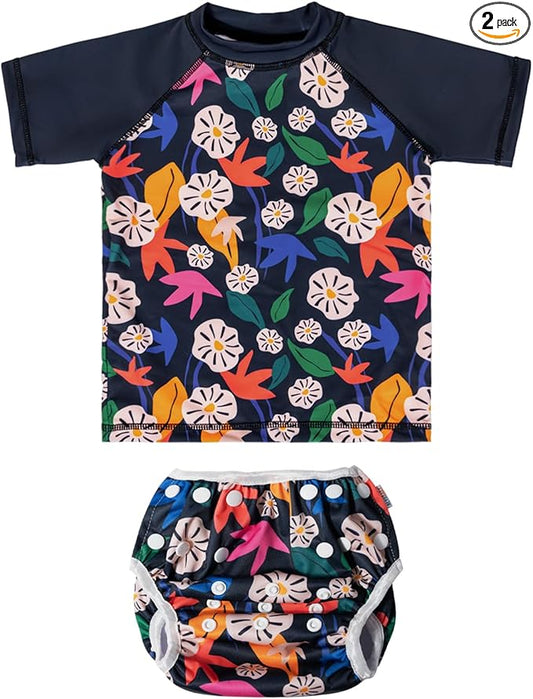 ALVABABY Baby Girl Swimsuit, 2-Piece Infant Toddler Bathing Short Sleeve Swimwear, Large Baby Reusable Swim Diaper with Matching Top