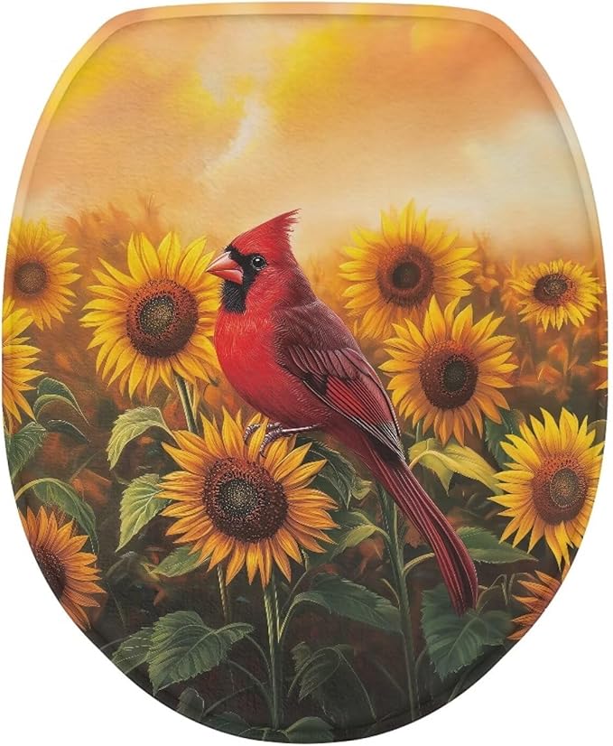 Cardinal Bird with Sunflower Toilet LId Cover Elastic Bottom Soft and Breathable Seat Covers Toilet Seat Cover Set Washable Reusable Toilet Seat Lid Cover