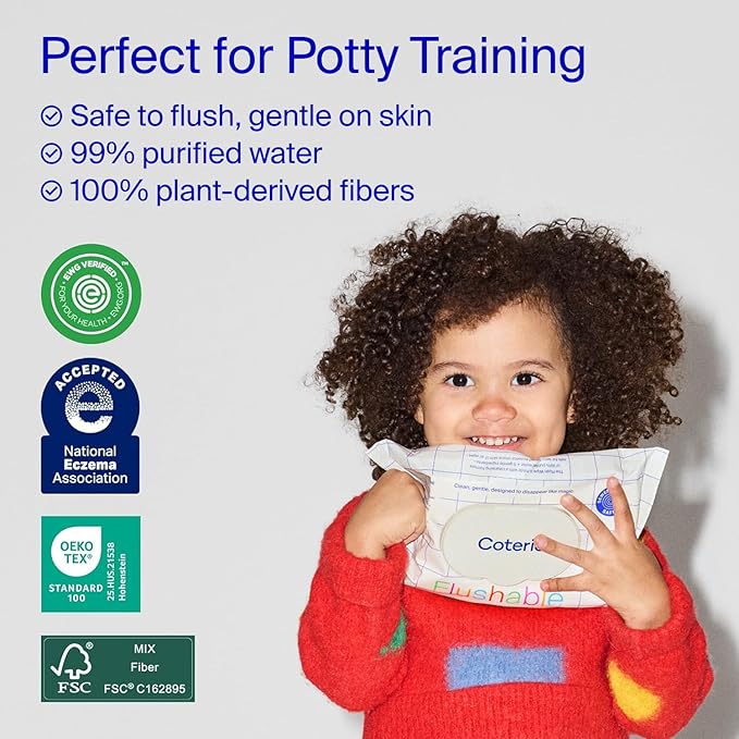 Coterie Flushable Wipes for Toddlers, Designed for Potty Training, Safe for Sensitive Skin, Hypoallergenic, 99% Water, Plant-Based, Fragrance Free, Sewer & Septic Safe, 4 Pack (224 Wipes)