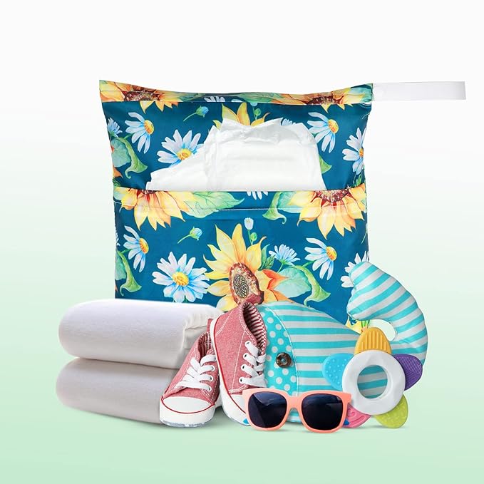 Frienda 4 Pieces Cloth Diaper Wet Dry Bag, Waterproof Reusable Washable Bag for Baby Items and Travel Zippered Pockets with Handle, Beach, Swimsuit, Dirty Gym Clothes and Toiletries(Flower)
