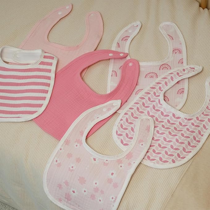 GLLQUEN BABY Muslin Drool Bibs for Boys Girls 6 Pack, Adjustable Baby Bibs for Drooling and Teething, Soft Cotton Baby Bandana Bib for Newborn Feeding Essentials (Rosie Rainbow)