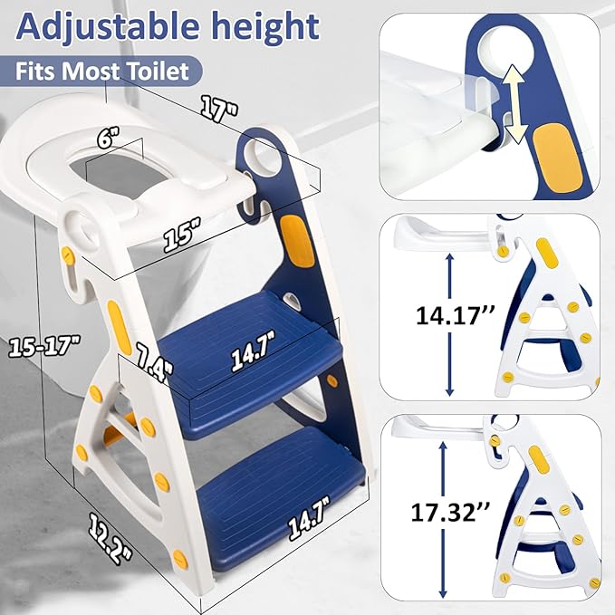 Potty Training Seat, Primlect Upgrade Ultra-Stable Toddler Toilet Seat for Kids Boys Girls, 2 in 1 Potty Training Toilet with Step Stool, Adjustable Seat and Ladder, Non-Slip Pad, Splash Guard(Blue)