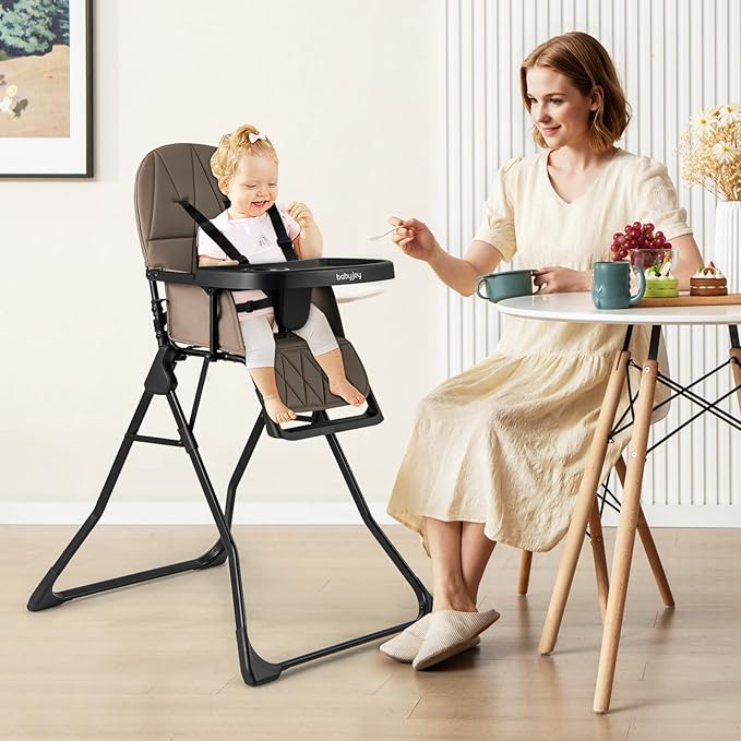 BABY JOY Foldable High Chair, Portable Highchairs for Babies and Toddlers with 3-Position Adjustable Tray & Footrest, Removable Seat Cushion, 5-Point Safety Harness, Space Saving Design (Coffee)