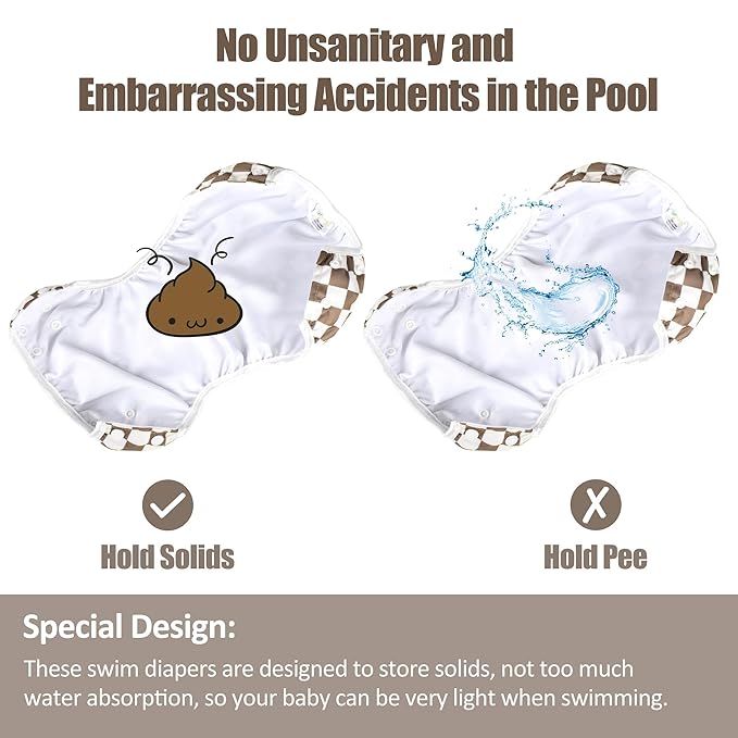 wegreeco Baby & Toddler Snap One Size Adjustable Reusable Baby Swim Diaper (Black, Grey, Dark Coffee Checkerboard,Small,3 Pack)