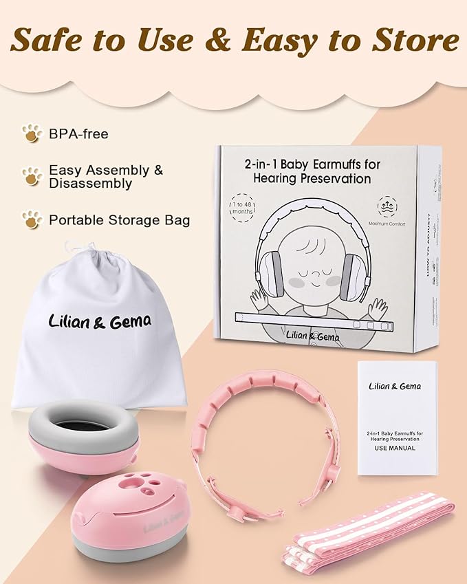 Lilian&Gema 2-in-1 Baby Ear Muffs Noise Protection up to 48 Months - Baby Airplane/Travel Essentials - Adjustable Noise Reduction Earmuffs - Ear Protection Headphones for Infant & Toddler, Pink