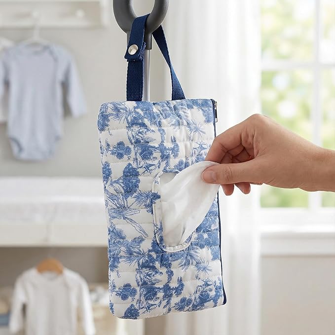 Quilted Baby Wipe Holder, Canvas Floral Quilted Pouch with Hanging Strap, Portable Diaper Wipe Holder for Travel Stroller-Grand Classical Blue