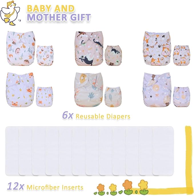 TDIAPERS Cloth Diapers Reusable Washable Pocket Diapers Cover One Size Adjustable for Baby 6 Pack with 12 Inserts