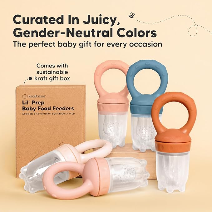 KeaBabies Baby Fruit Feeder 2pk - Silicone Baby Food Feeder for Babies 6-12 Months, Breast Milk Popsicle Teether, Weaning, Pacifier, Freeze Frozen Solid Food, Infant Feeding Essential (Sunset)
