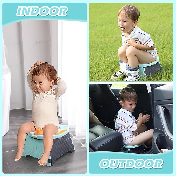Travel Potty for Toddlers, Portable Potty Chair with Bag & 30 Pouches - Kids Toilet for Car, Camping, Indoor Outdoor - Splash-Proof Design, Easy Clean Training Seat (Blue)