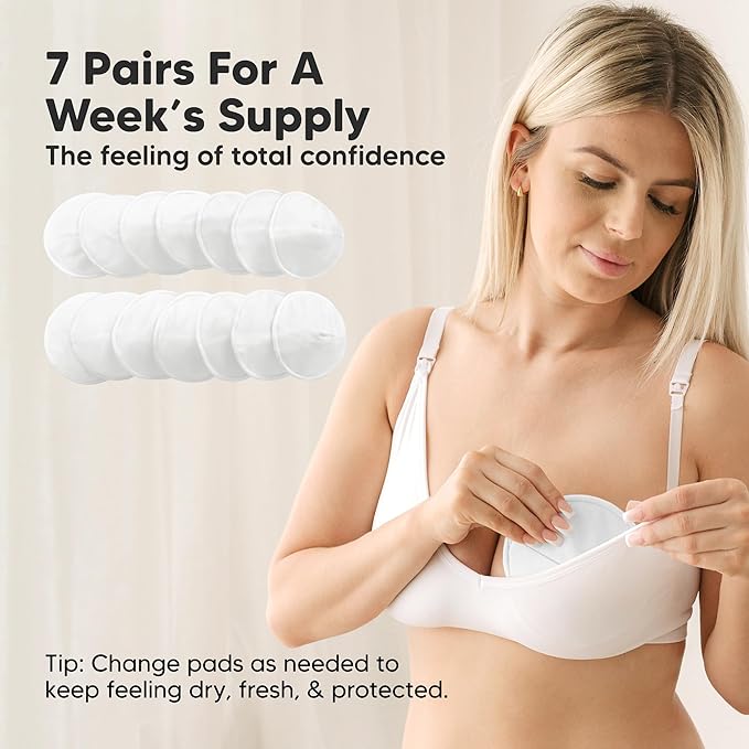 Organic Nursing Pads - 14 Washable Breast Pads for Breastfeeding, Wash Bag, Viscose Derived from Bamboo Reusable Nipple Covers for Breastfeeding Essentials, Soft & Absorbent(Soft White, L 5")