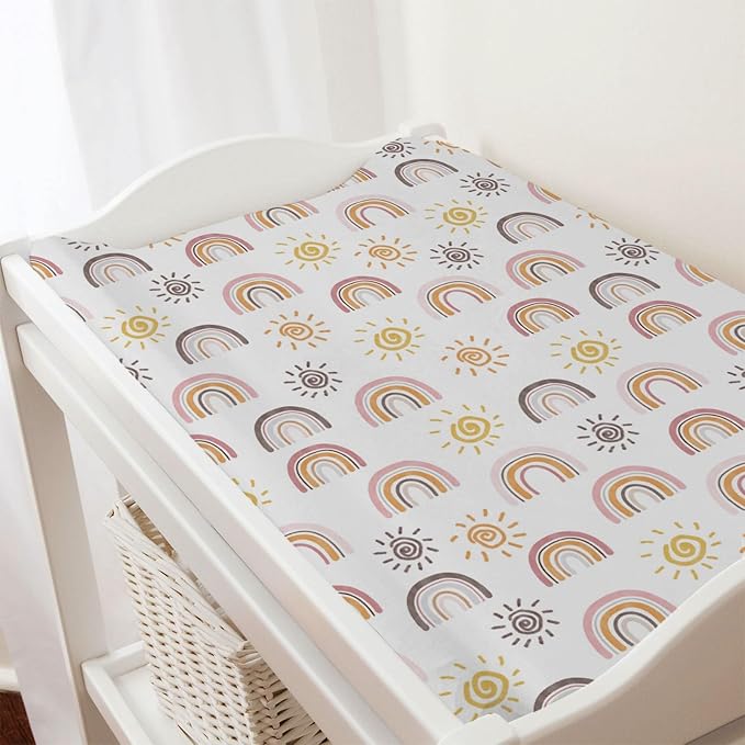 Boho Sunshine Rainbow Changing Pad Cover Colorful Rainbow Sun Baby Changing Table Pad Cover for Boys Girls Soft Breathable Stretch Fitted Change Table Pad Mats Covers 32''x16''