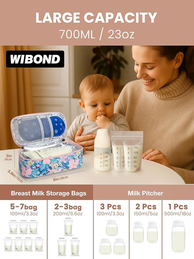 Breast Milk Cooler Travel Bag, Real-Time Temperature Display, Holds 4-6 Breastmilk Storage Bag with 2 Breast Milk Ice Pack, Cooling & Waterproof Portable Cooler for Moms on the Go (Pink Flower)