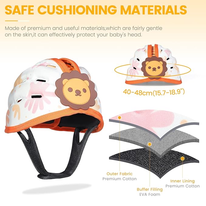 Baby Head Protector for Crawling and Walking, Anti-Collision Soft Infant Helmet for 6-24 Months, Breathable & Ultra-Lightweight & Expandable and Adjustable (Orange Lion)