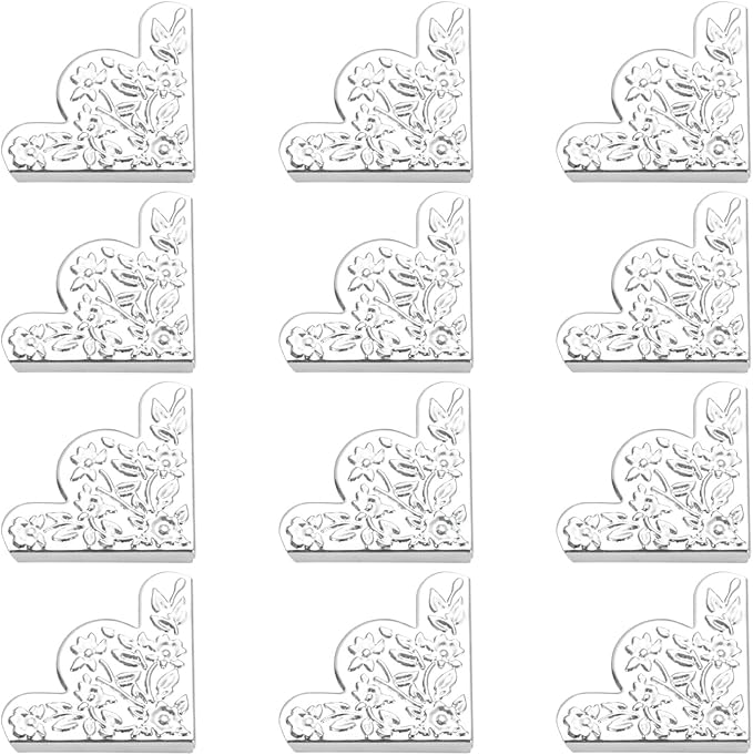 dophee 12Pcs Decorative Corner Protector, Jewelry Box Wooden Box Chest Furniture Guard Edge Cover, Metal Flower Carved No Holes, 1.69"x1.69"x0.2" - Silver