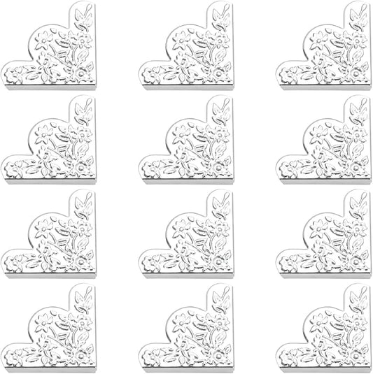 dophee 12Pcs Decorative Corner Protector, Jewelry Box Wooden Box Chest Furniture Guard Edge Cover, Metal Flower Carved No Holes, 1.69"x1.69"x0.2" - Silver