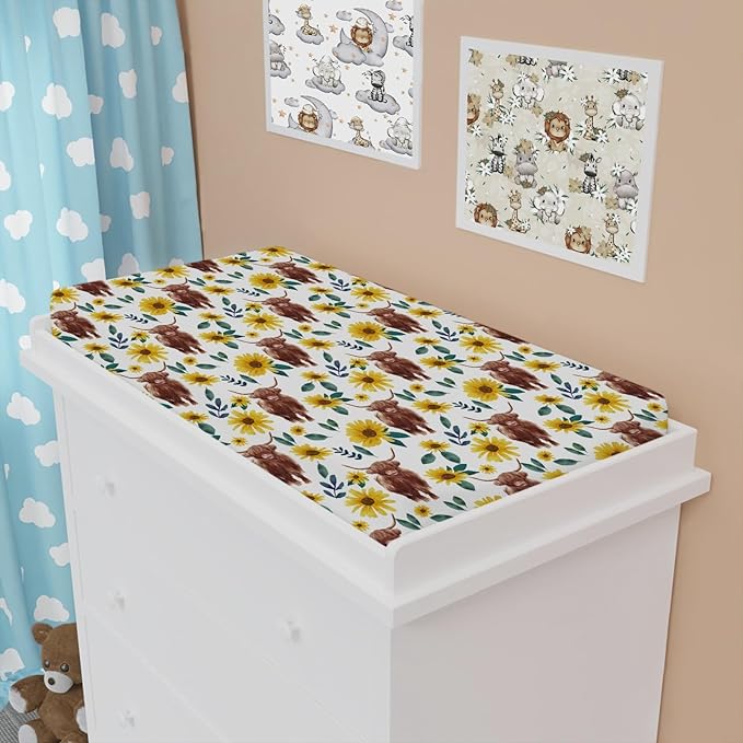 Highland Cows Boho Sunflowers Changing Pad Cover Cute Yak Floral Diaper Changing Table Cover Sheets for Boys Girls Soft Breathable Stretchy Fitted Changing Table Mats 32''x16''