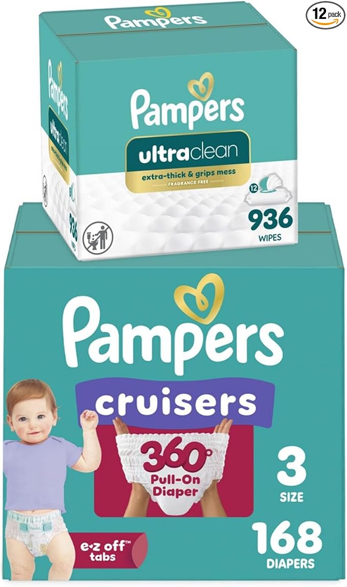 Pampers Pull On Cruisers 360° Fit Disposable Baby Diapers Size 3, One Month Supply (168 Count) with Free & Gentle Baby Wipes 12 Flip-Top Packs (936 Wipes Total)