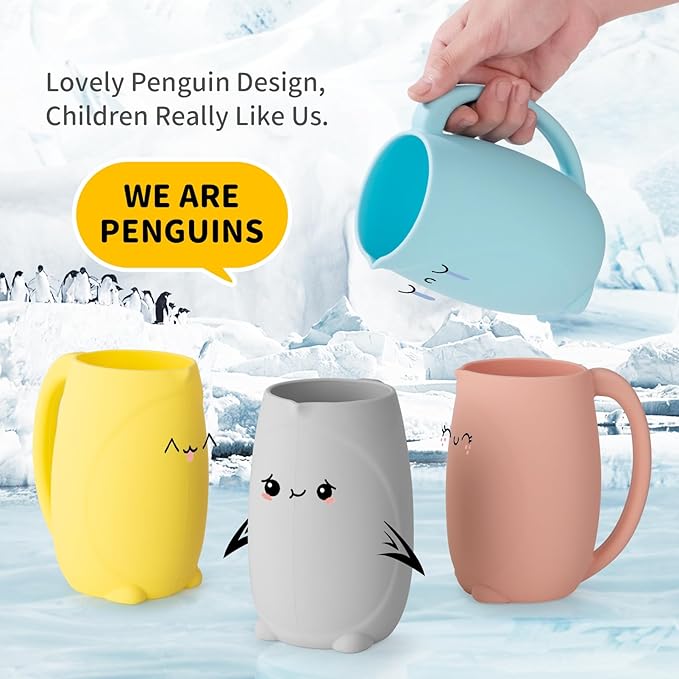 Baby Bath Rinse Cup - Children's Shampoo and Body Wash Rinse Cup with Easy Grip Handle for Rinsing Baby Shampoo and Soap - Food Grade Silicone - Penguin (Yellow)