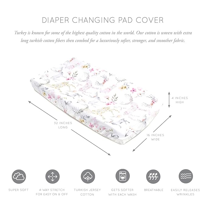 Oilo Changing Pad Cover, Breathable Organic Cotton Fitted Jersey, 300 Thread Count, Machine Washable, Fits Standard Changing Pads (32" x 16"), Girl, Boy, & Neutral Nursery Design, Fawn
