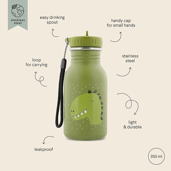 TRIXIE - Children's Stainless Steel Water Bottle 350ml - Mr. Dino (Dinosaure), Green