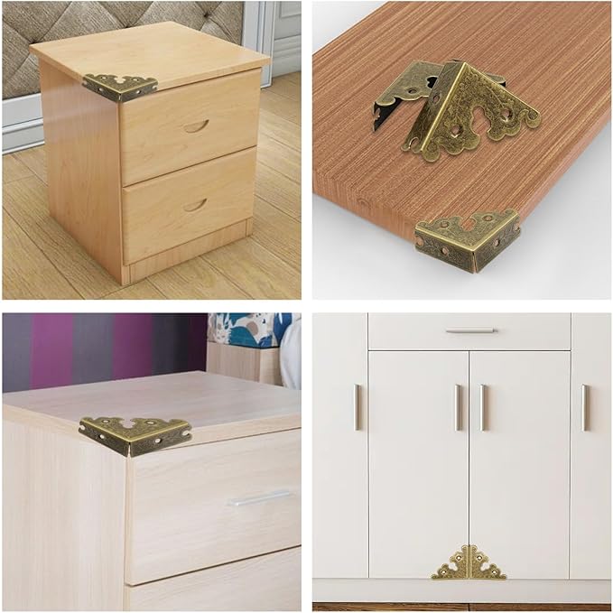 Bivethoi 12 Pack 1.34" x 1.34" Decorative Corner Protectors, Retro Style Edge Safety Guards Antique Bronze Covers, Vintage Metal Edge Cover for Furniture/Table/Jewelry Box